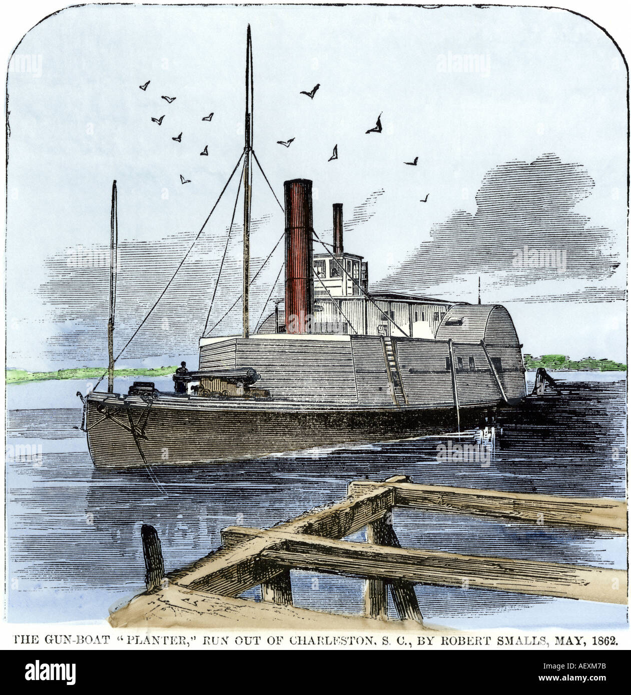 Confederate Navy Kanonenboot CSS-Pflanzmaschine von Robert Smalls für die Union Marine in South Carolina 1862 gefangen. Hand - farbige Holzschnitt Stockfoto