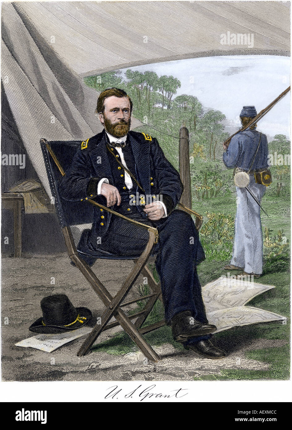 Union General Ulysses S Grant im Feld Sitz der Amerikanische Bürgerkrieg, 1860. Handcolorierte Stahlstich Stockfoto