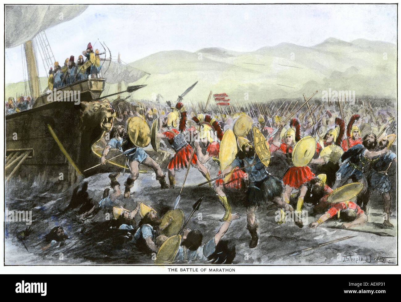 Athenischen Armee wehrt weg von der Persischen Invasoren in der Schlacht von Marathon 490 v. Chr.. Hand - farbige Holzschnitt Stockfoto