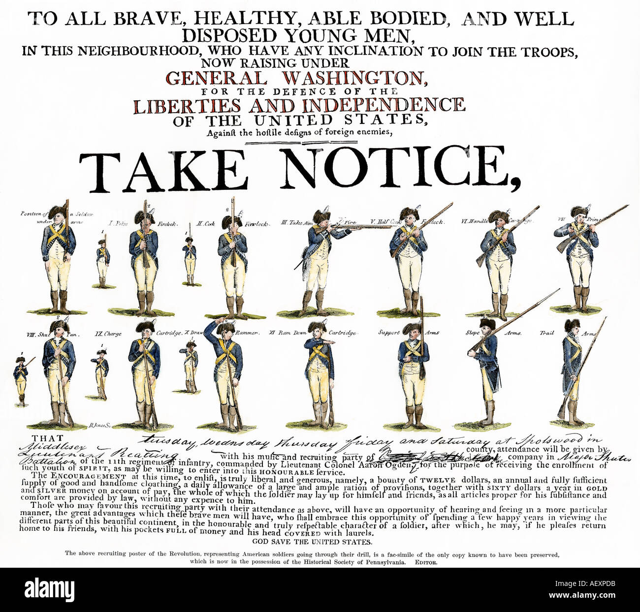 Einstellung Plakat für Continental Soldaten unter General George Washington in der Amerikanischen Revolution zu kämpfen. Hand - farbige Holzschnitt Stockfoto