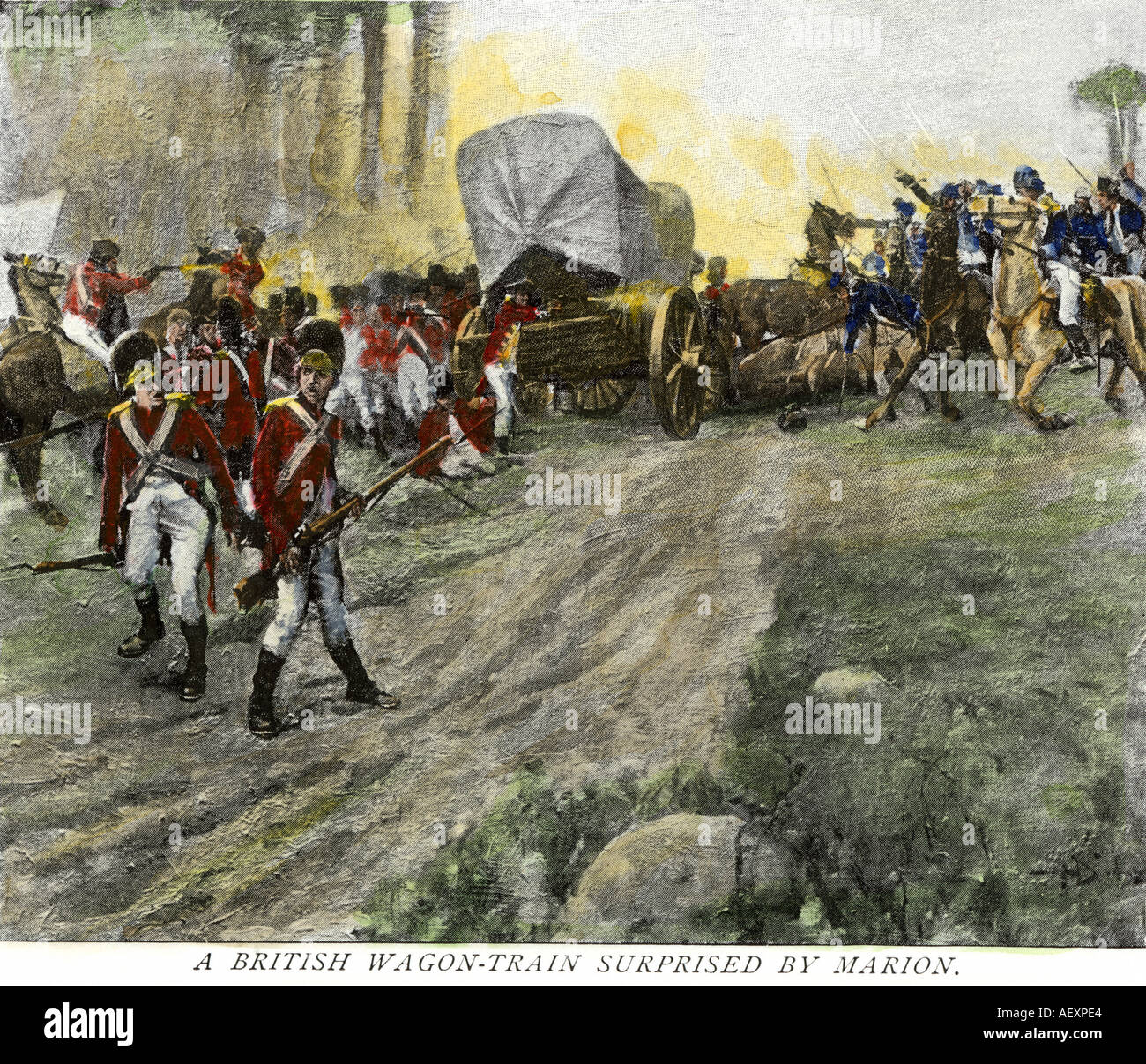 Britische Militär Waggon Zug in einen Hinterhalt durch Francis Marion in Südcarolina während des revolutionären Krieges. Handcolorierte halftone einer Abbildung Stockfoto