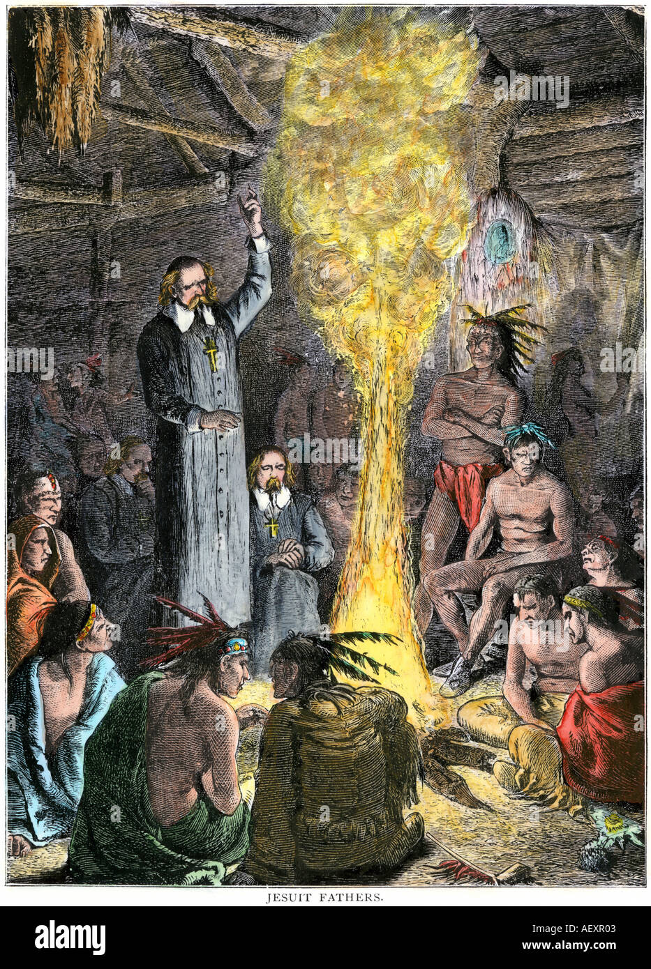 Französische Missionare Predigt zu Native Americans. Hand - farbige Holzschnitt Stockfoto