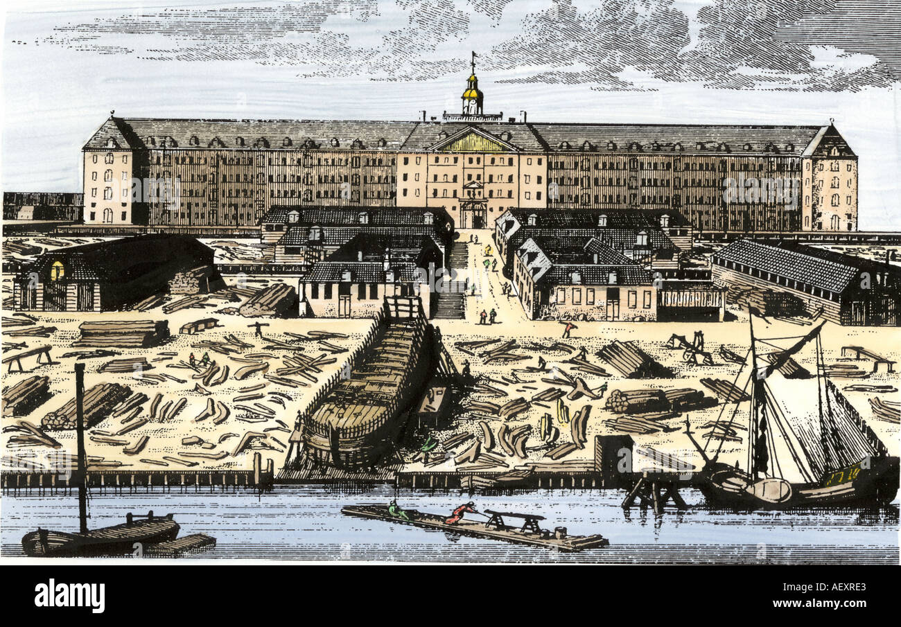 Dutch East India Company in Amsterdam, Lagerhallen und Werft. Hand - farbige Holzschnitt Stockfoto