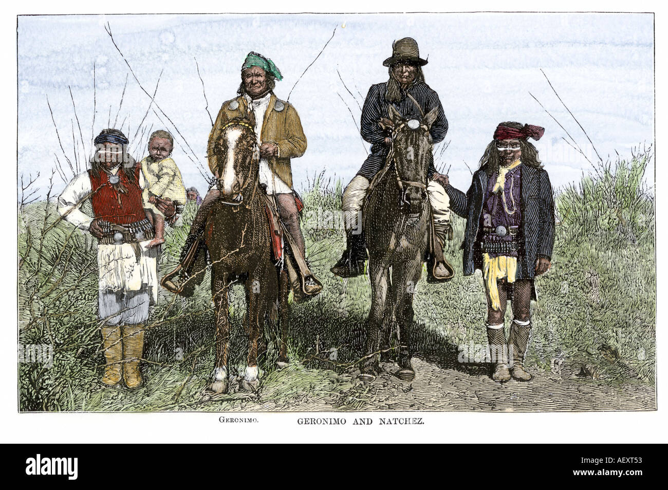 Geronimo und Natchez zu Pferd während der Apache Kriege 1886. Hand - farbige Holzschnitt aus einem Foto Stockfoto
