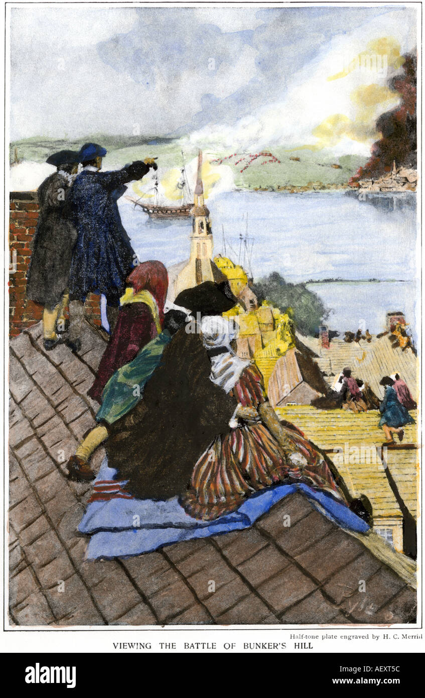 Schlacht von Bunker Hill gesehen durch Boston Bürger auf Dächern, Amerikanische Revolution 1775. Hand - farbige Raster eines Howard Pyle Abbildung Stockfoto