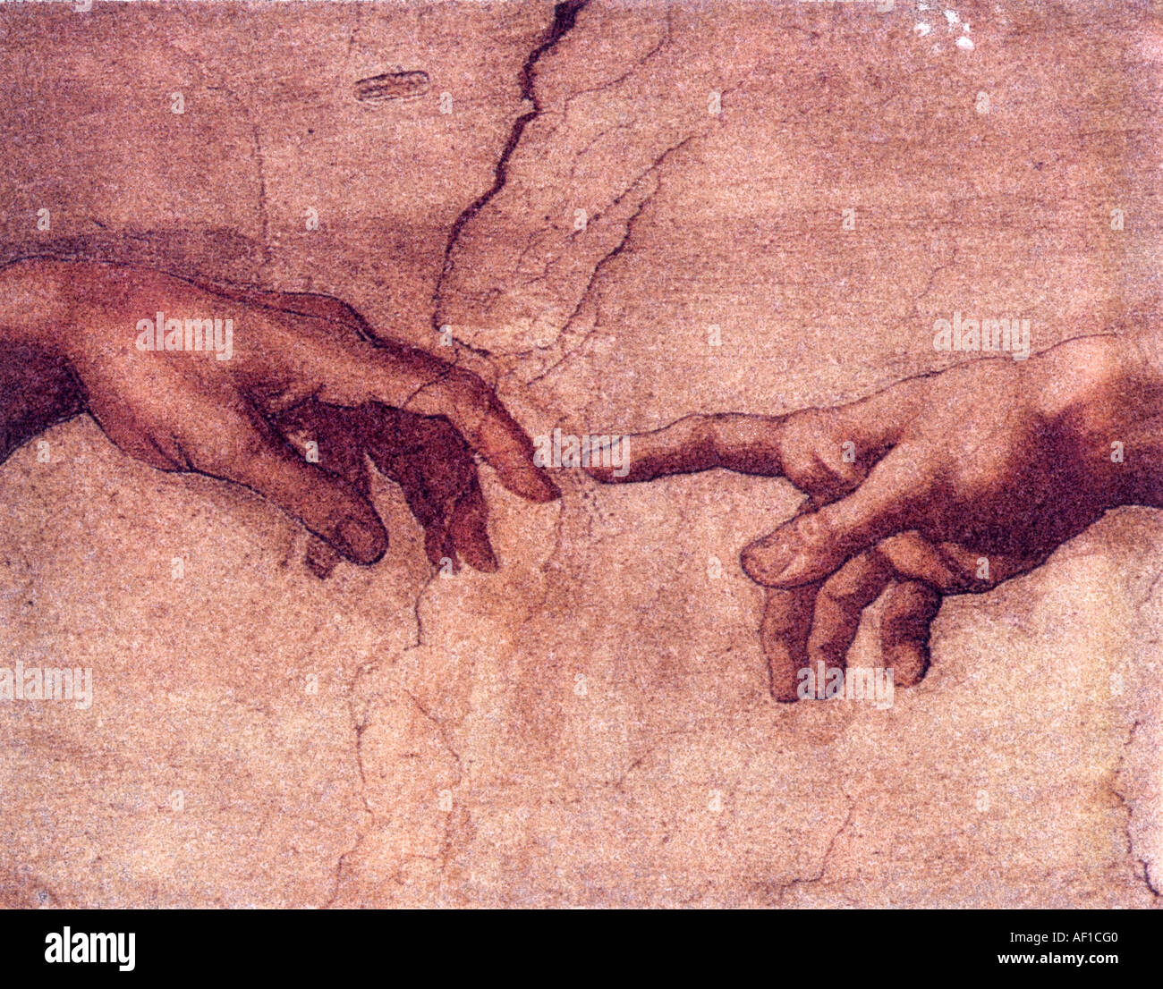 Michelangelo ist Malerei, Sixtinische Kapelle, Vatikan, Rom, Italien Decke. Nahaufnahme der Hand Gottes und Adam. Stockfoto
