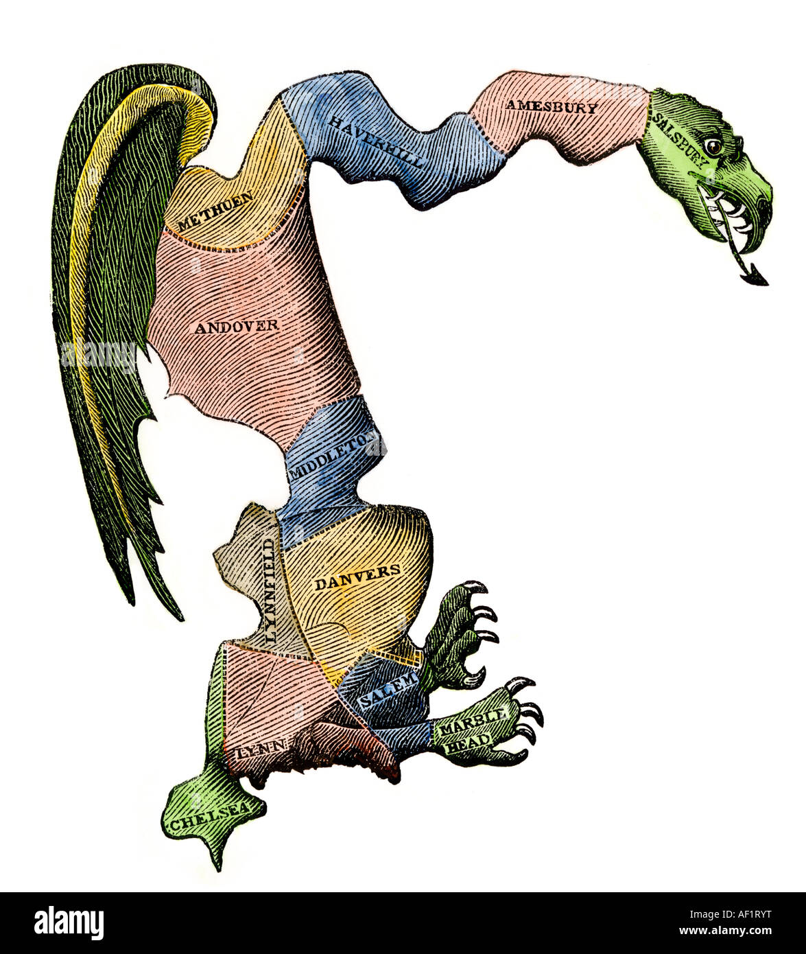 Gerrymander in der Massachusetts Städte ein Salamander-Form politischer Bezirk gebildet. Hand - farbige Holzschnitt Stockfoto