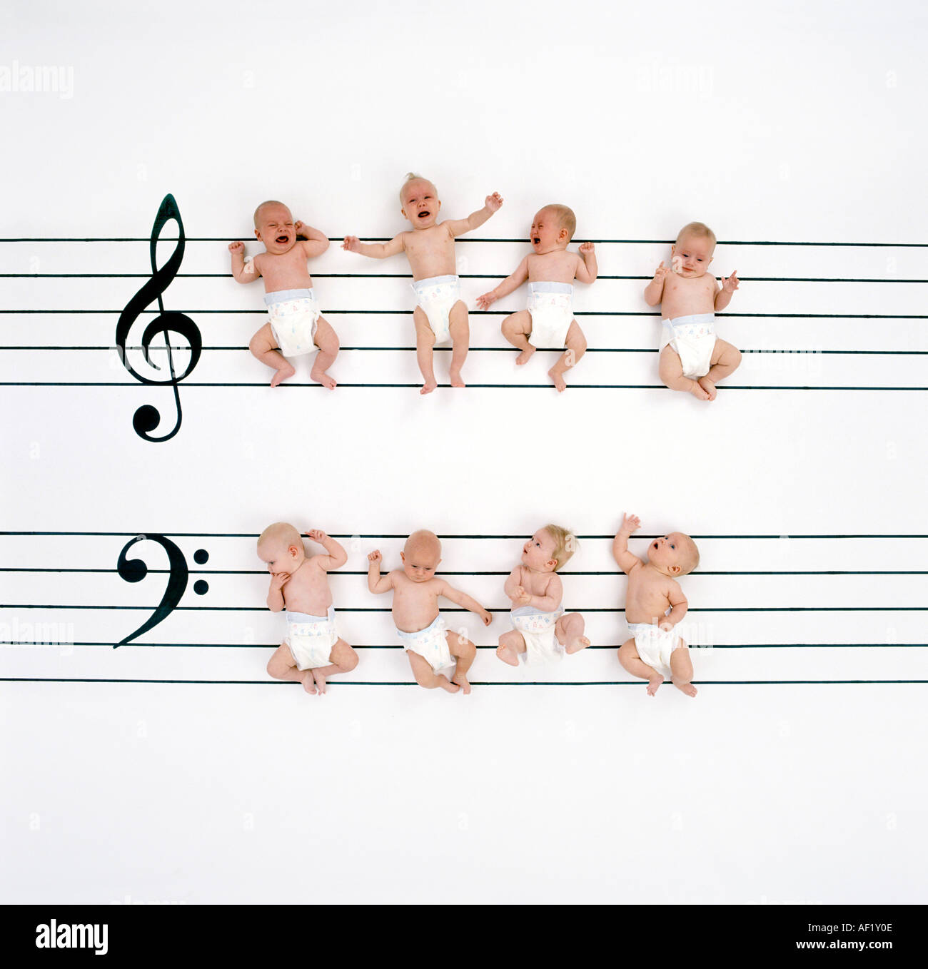 Gruppe von Babys auf eine Hinweis-Mitarbeiter Stockfoto