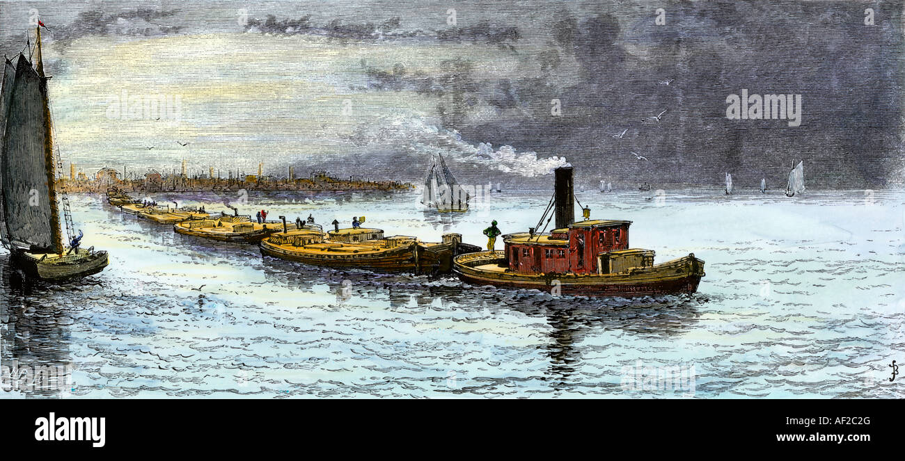 Korn Lastkähne abgeschleppt von Chicago für die Erie Canal 1870 gebunden. Hand - farbige Holzschnitt Stockfoto
