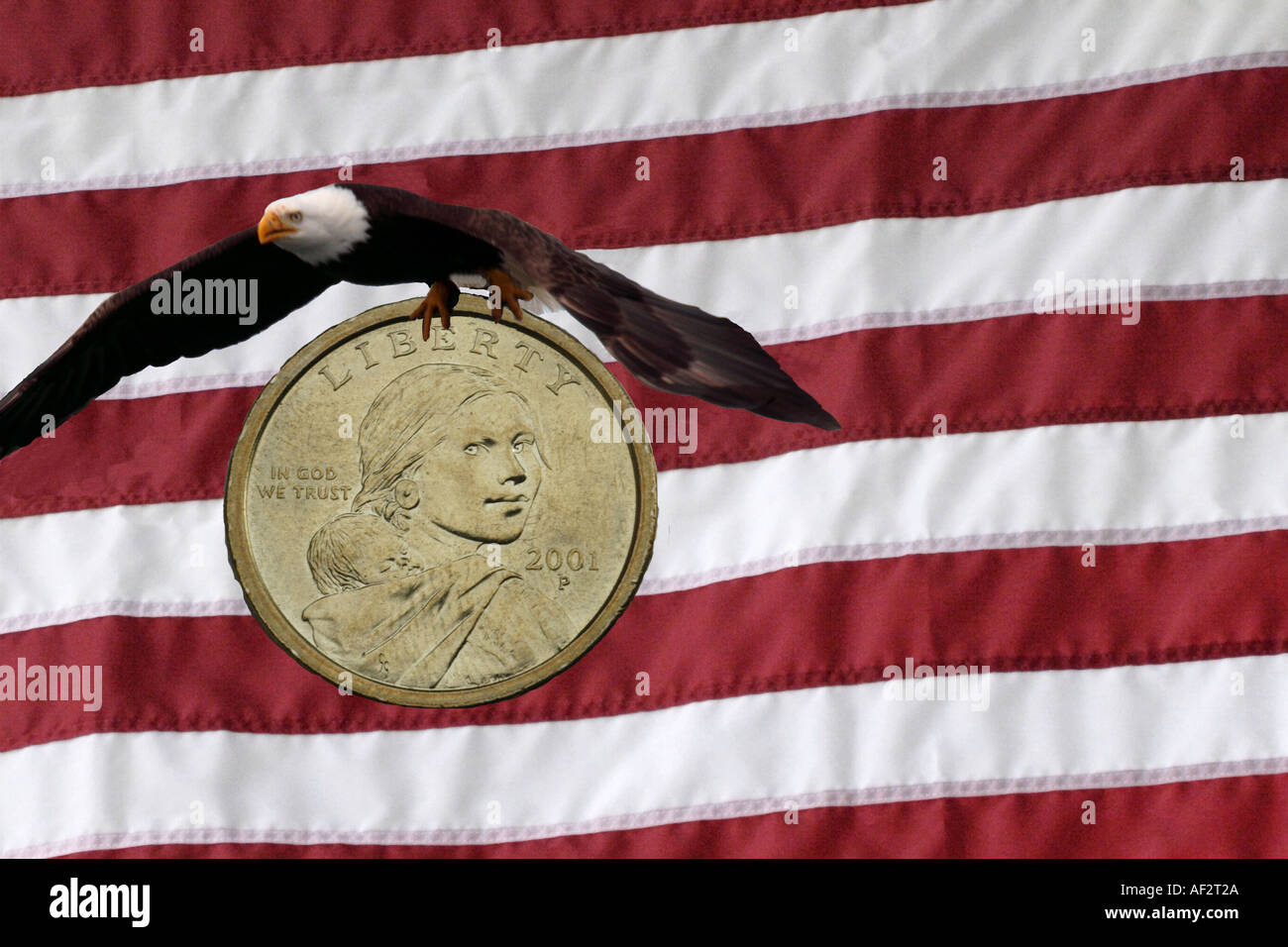 Zusammengesetzte Konzeptbild von American Eagle tragen eine schwere Last gegen eine amerikanische Flagge zurückfallen Stockfoto