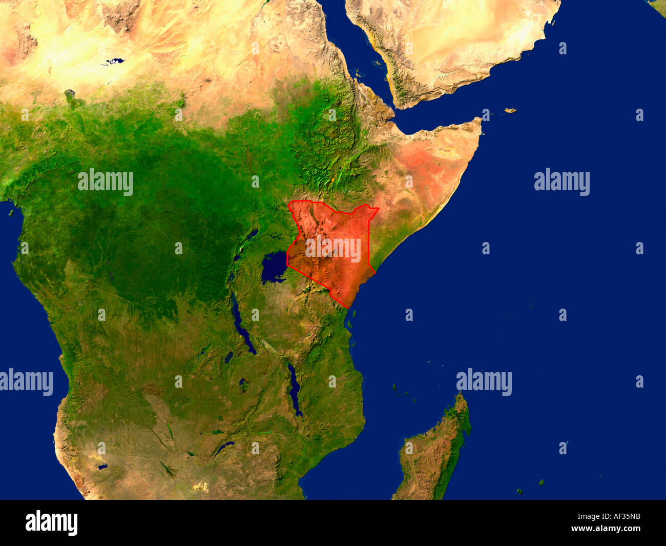 Satellitenbild von Kenia rot hervorgehoben Stockfoto