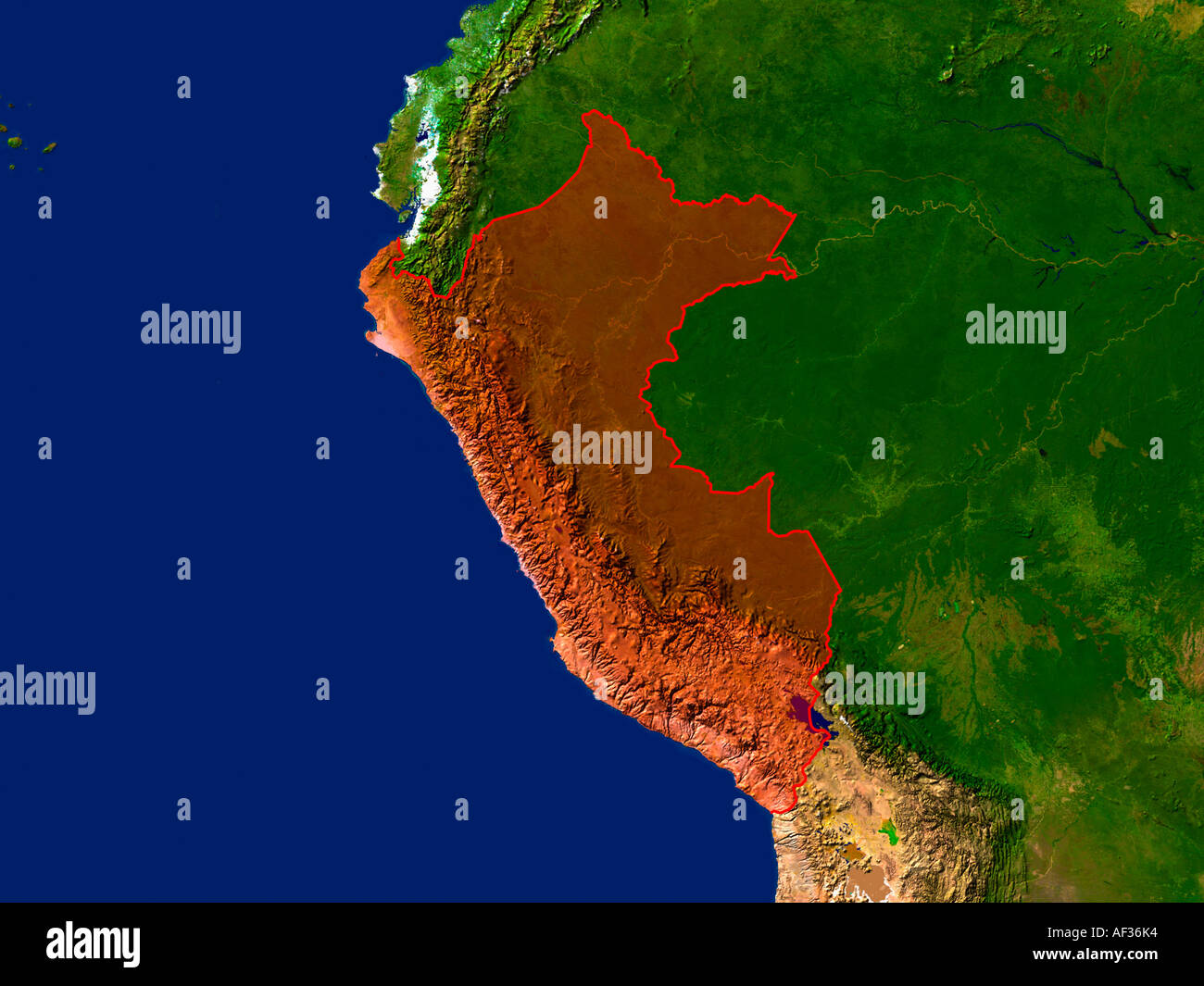 Satellitenbild von Peru rot hervorgehoben Stockfoto