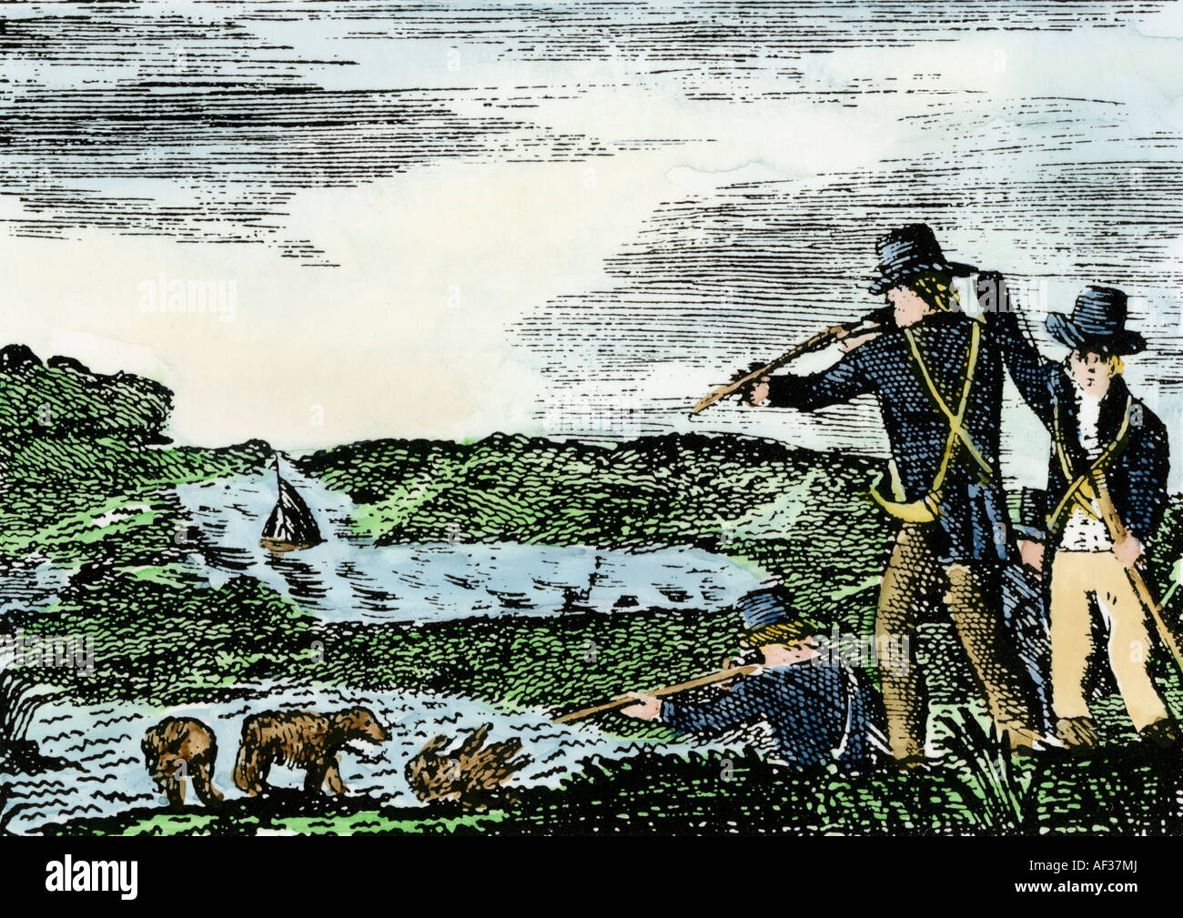 Lewis und Clark schießen ein grizzly Bär unbekannt, weiß während der Erforschung von Louisiana Territory. Hand - farbige Holzschnitt eines Patrick Goss Skizze Stockfoto