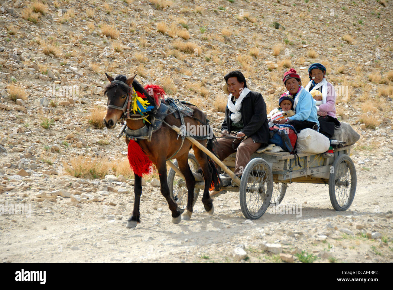 Glückliche tibetischen Familie reitet in einem offenen Pferdewagen in der Nähe von Old Tingri Tibet China Stockfoto