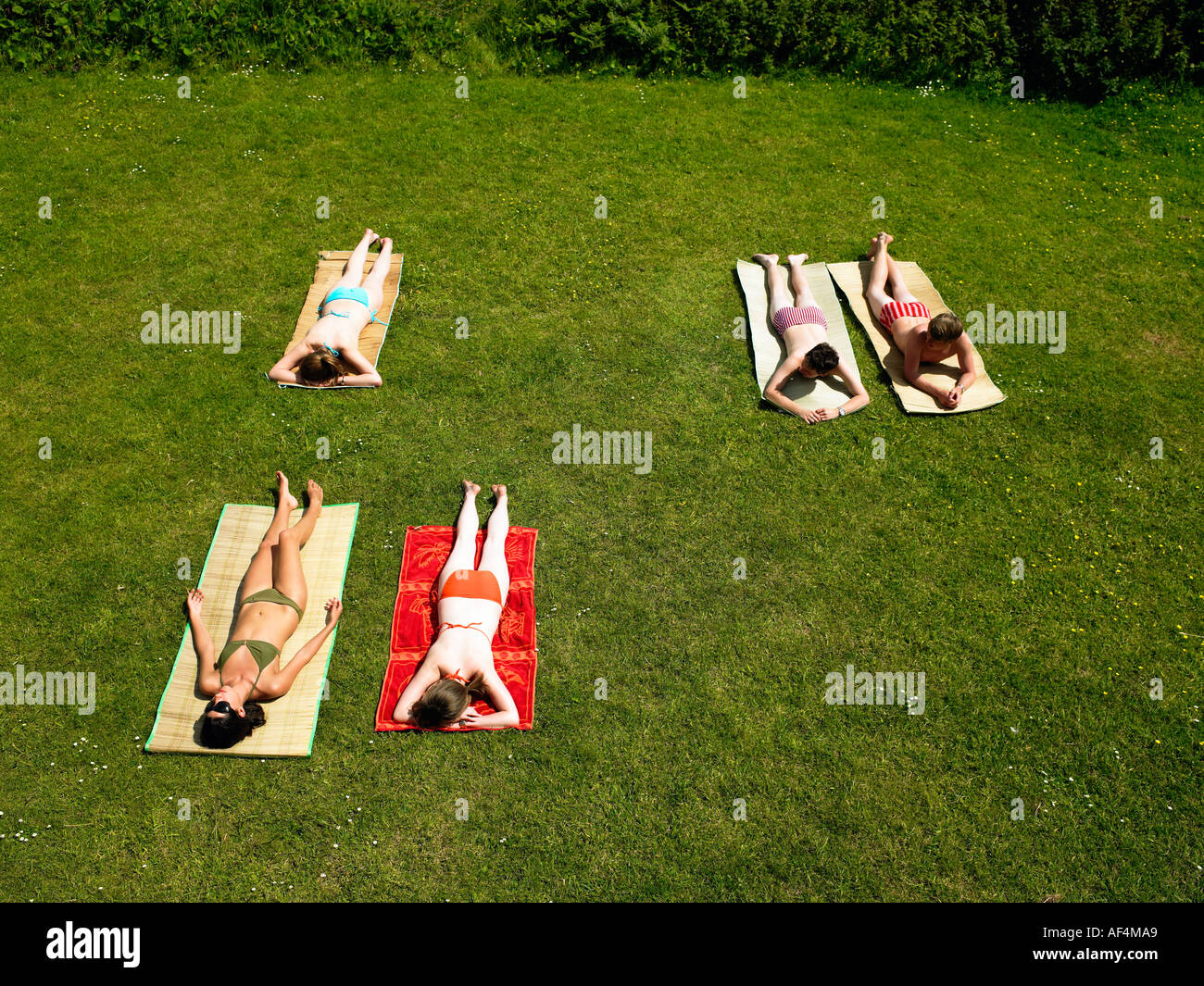 Junge Menschen, die in einem Garten zum Sonnenbaden Stockfoto