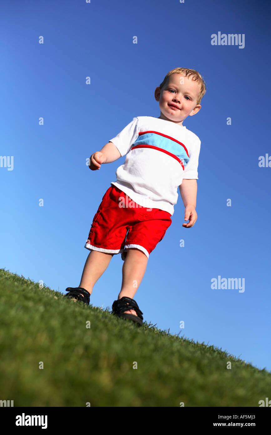 Zwei Jahre alten Jungen zu Fuß auf dem Rasen mit strahlend blauem Himmel. Stockfoto