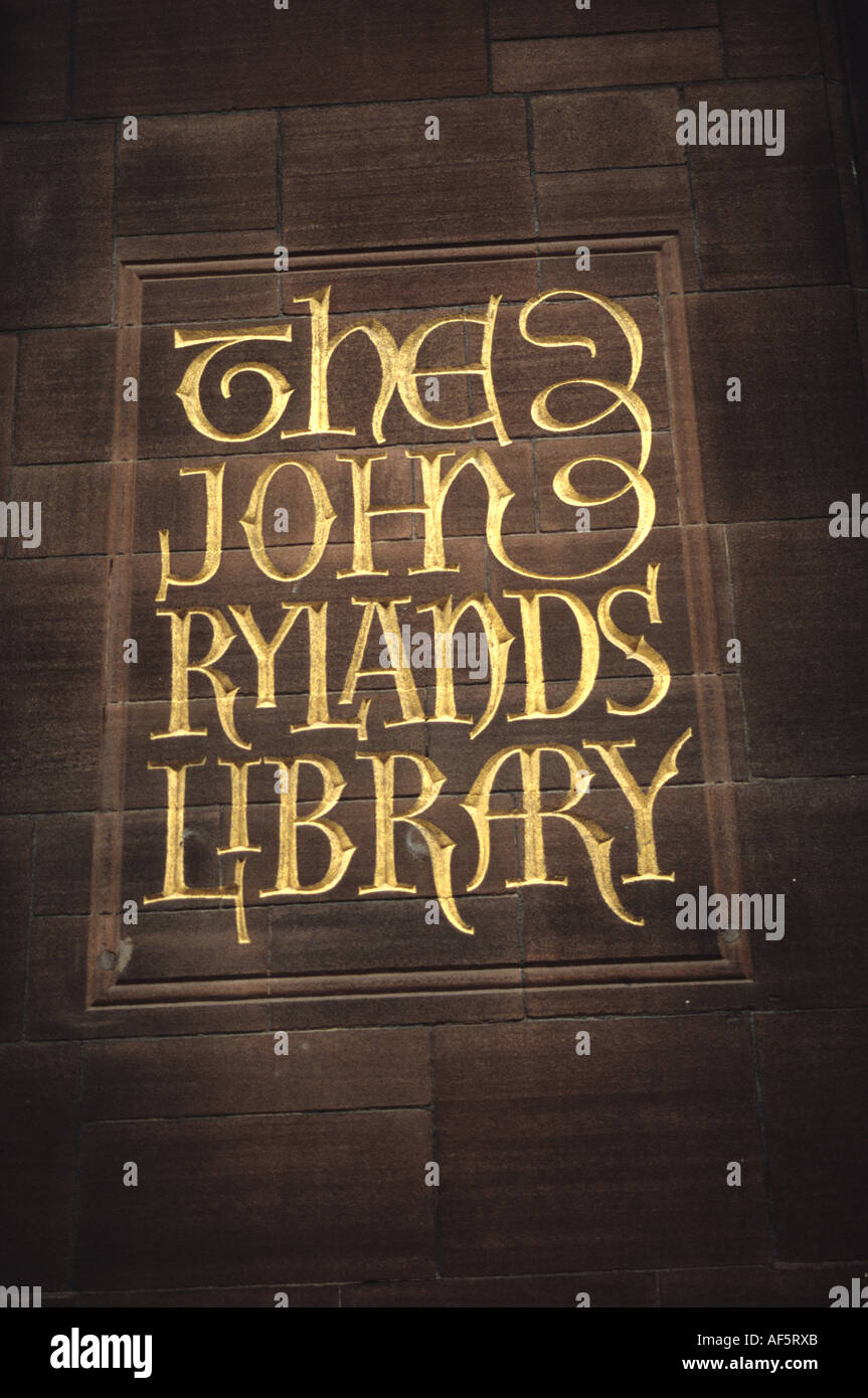 Das Zeichen der John Rylands Library In Manchester Stockfoto