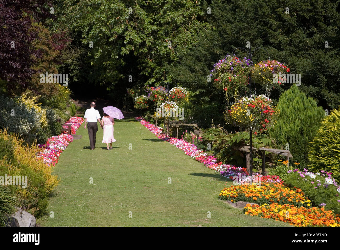 Mann und Frau mit Sonnenschirm in Sommersonnenschein, die Hand in Hand gehen in Gärten Abergavenny Wales UK Stockfoto