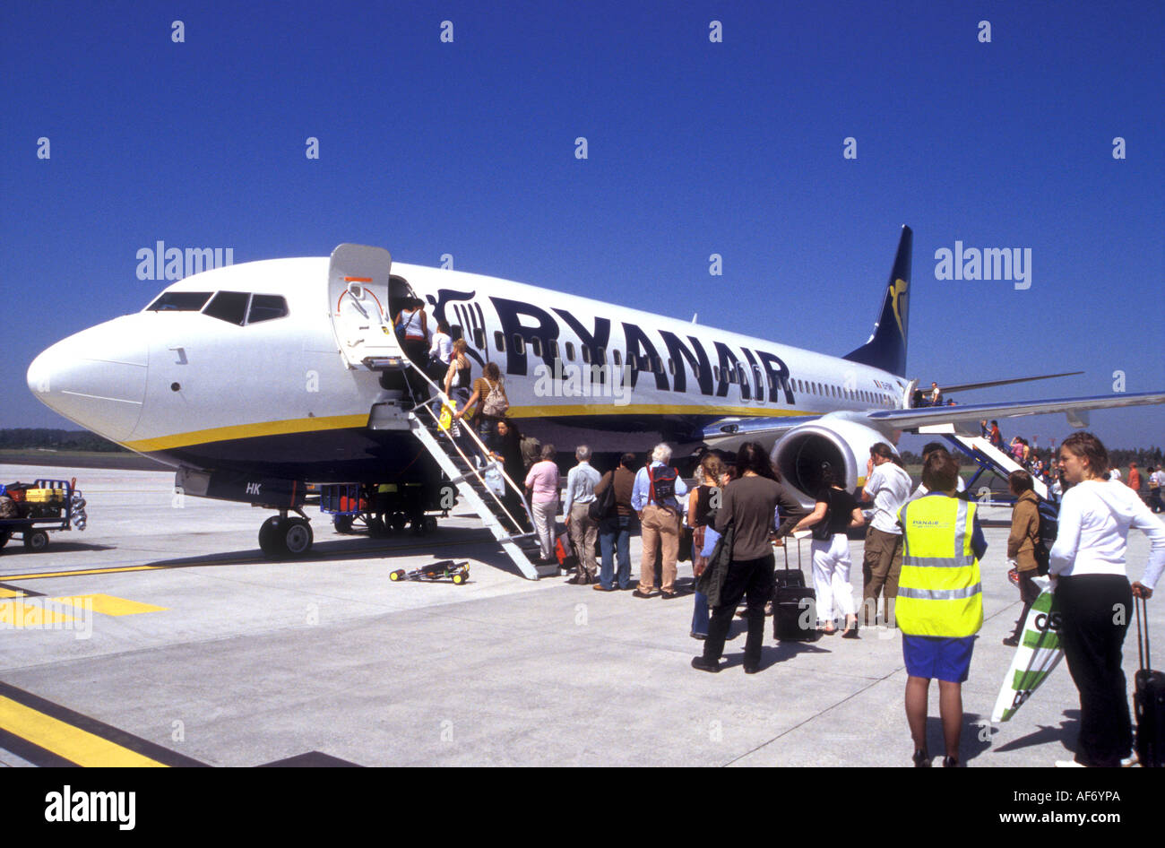 Einschiffung auf einem Ryanair-Flug nach Stansted von Santiago de Compostella Stockfoto