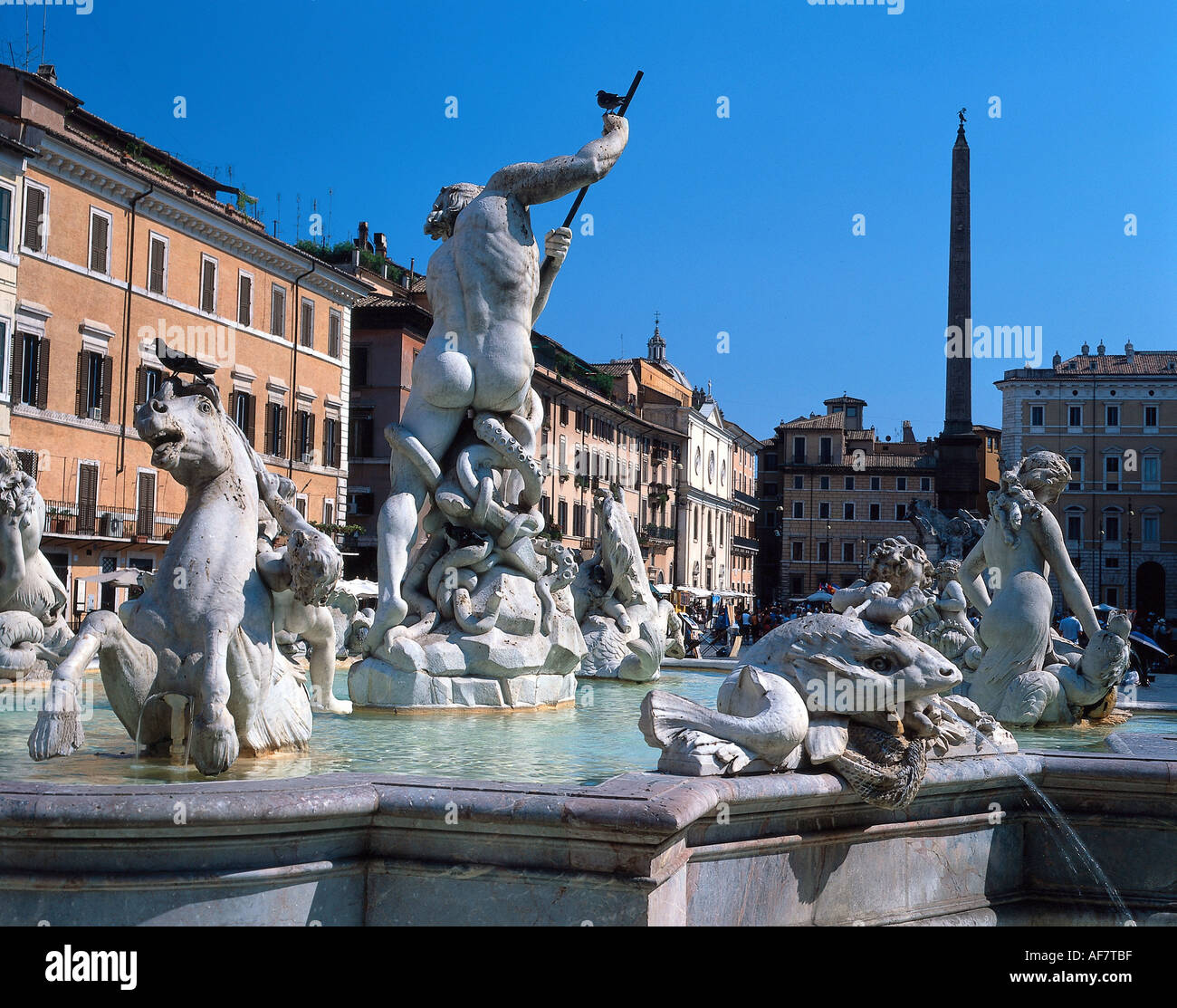 Geographie/Reisen, Italien, Rom, Brunnen, vier Ströme Brunnen, Piazza Navona, 1648-1651, UNESCO-Weltkulturerbe, vier Flüsse Brunnen, vier Flüsse, vier streaming Brunnen, Granit, Marmor, Kalk Sinter von Giovanni Lorenzo Bernini (1598-1680), - - Not-Available Additional-Rights Clearance-Info Stockfoto