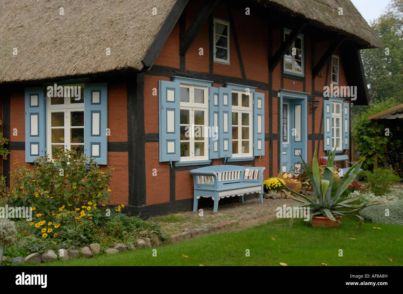 Wustrow, Haus mit Reetdach, Mecklenburg-Vorpommern, Deutschland, Europa Stockfoto