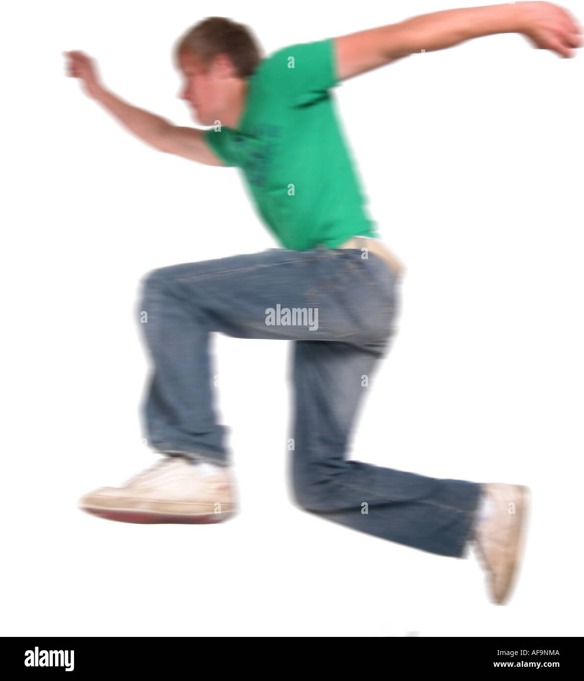 Ein Stock Foto eines Studenten in die Luft springen Stockfoto