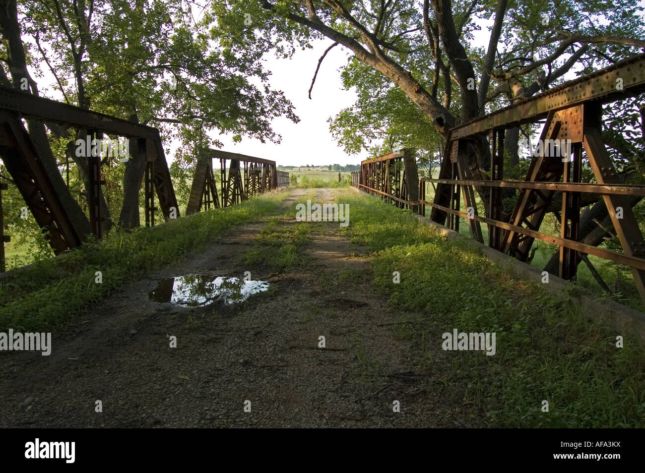 Alte Brücke ins Nirgendwo mit Rasen bedeckt. Stockfoto