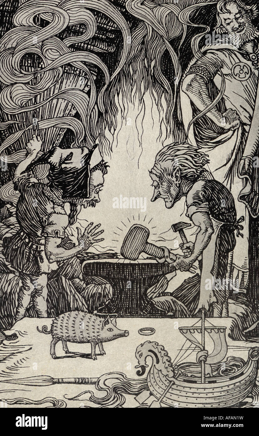 Das Dritte Geschenk Ein Riesiger Hammer. Illustration von E Boyd Smith aus dem Buch Mythen aus vielen Ländern, veröffentlicht 1912. Stockfoto