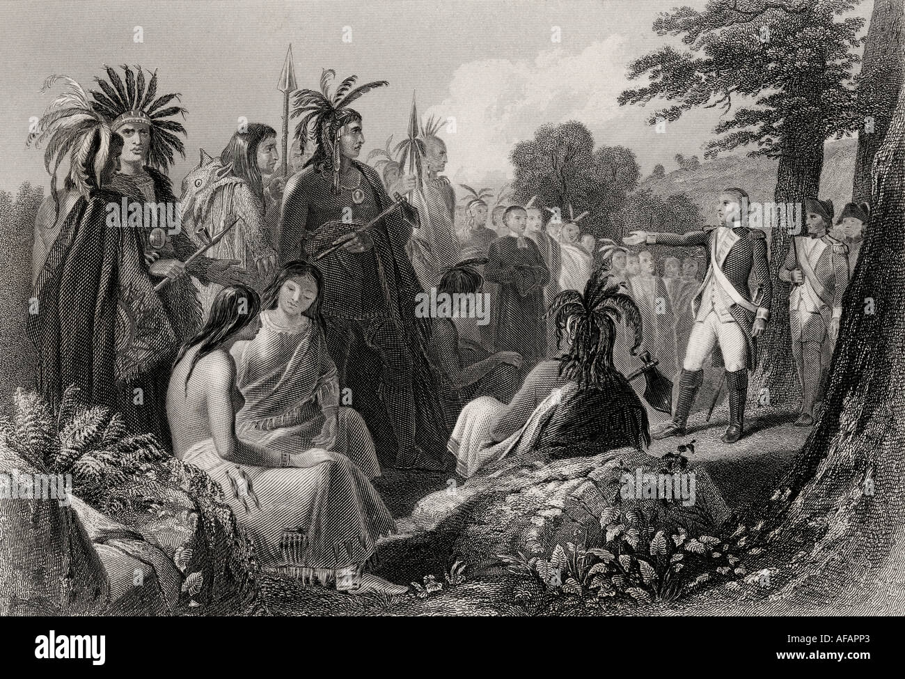 General Burgoyne spricht die Indianer an. Stockfoto