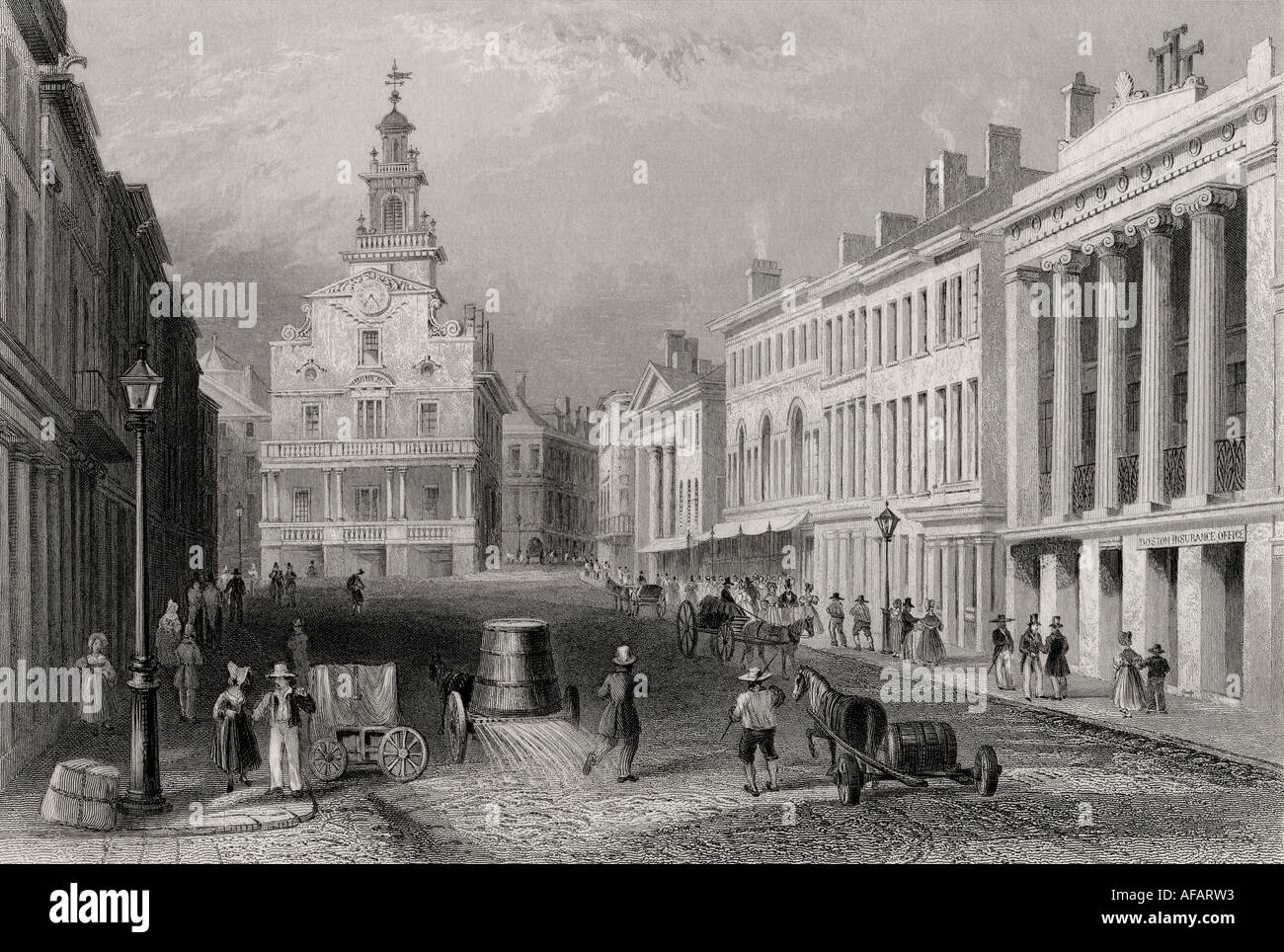 State Street, Boston, USA. Aus dem 19. Jahrhundert stammt ein von S Lacy nach W H Bartlett graviertes Druckbild. Stockfoto