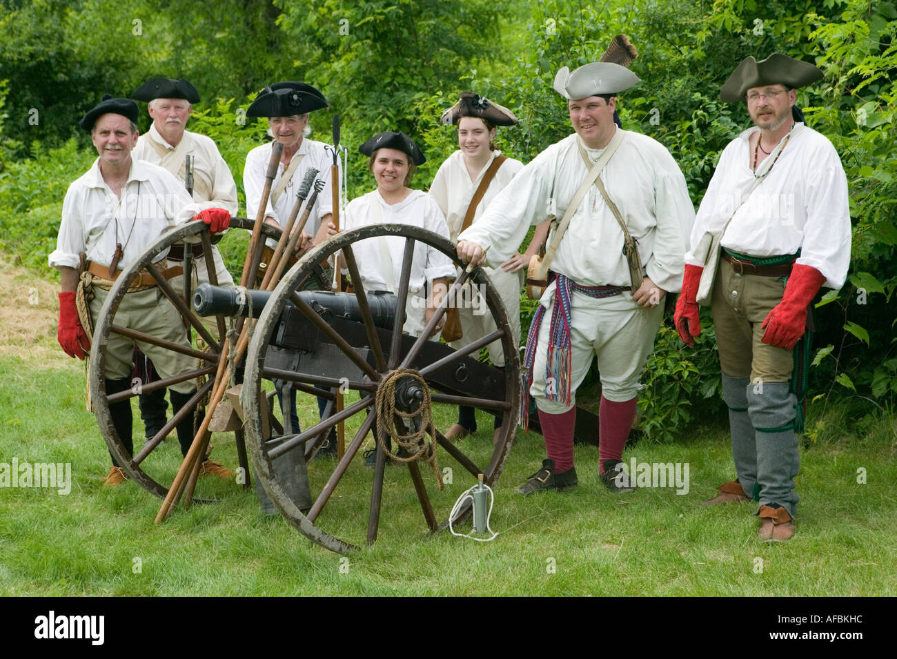 Kanone Artillerie Fort Ticonderoga NewYork jährliche Grand Encampment Reenactment der Entscheidungsschlacht in Französisch-Inder-Krieg Stockfoto