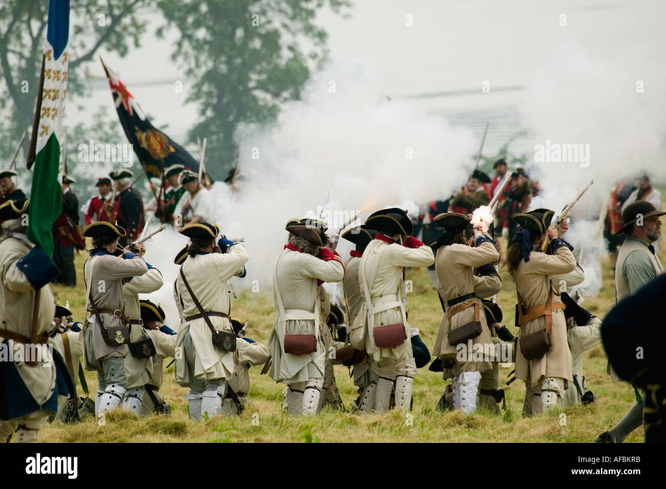 Quebecois Darstellung von französischen Soldaten Fort Ticonderoga NewYork jährliche Grand Encampment Reenactment der Französisch-Inder-Krieg Stockfoto