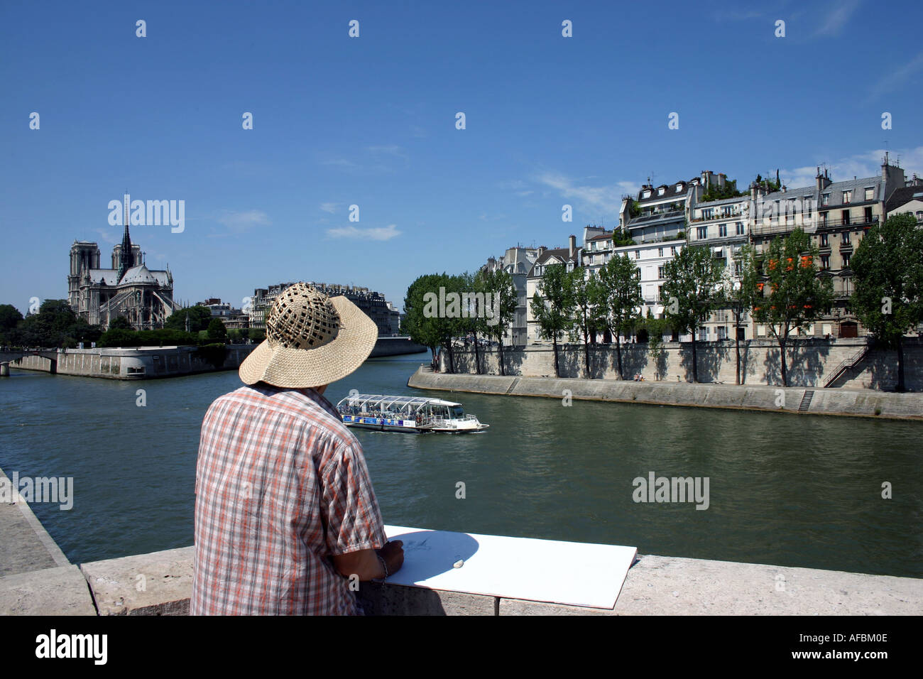 Künstler malen, Notre Dame und Fluss Seine in Paris Frankreich Stockfoto