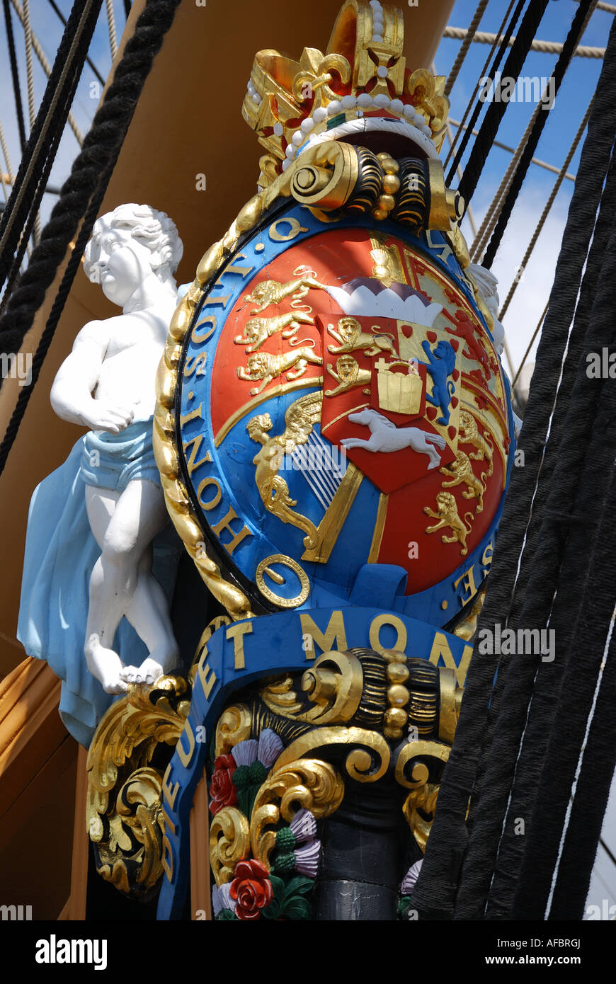 Bogen und Galionsfigur, berühmte Nelsons Flaggschiff HMS Sieg, Historic Dockyard, Portsmouth, Hampshire, England, Vereinigtes Königreich Stockfoto