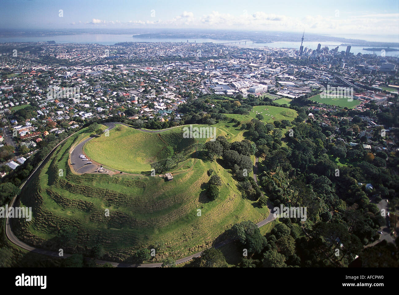 Luftaufnahme, Mt. Eden Krater, Auckland, Nordinsel, Neuseeland Stockfoto