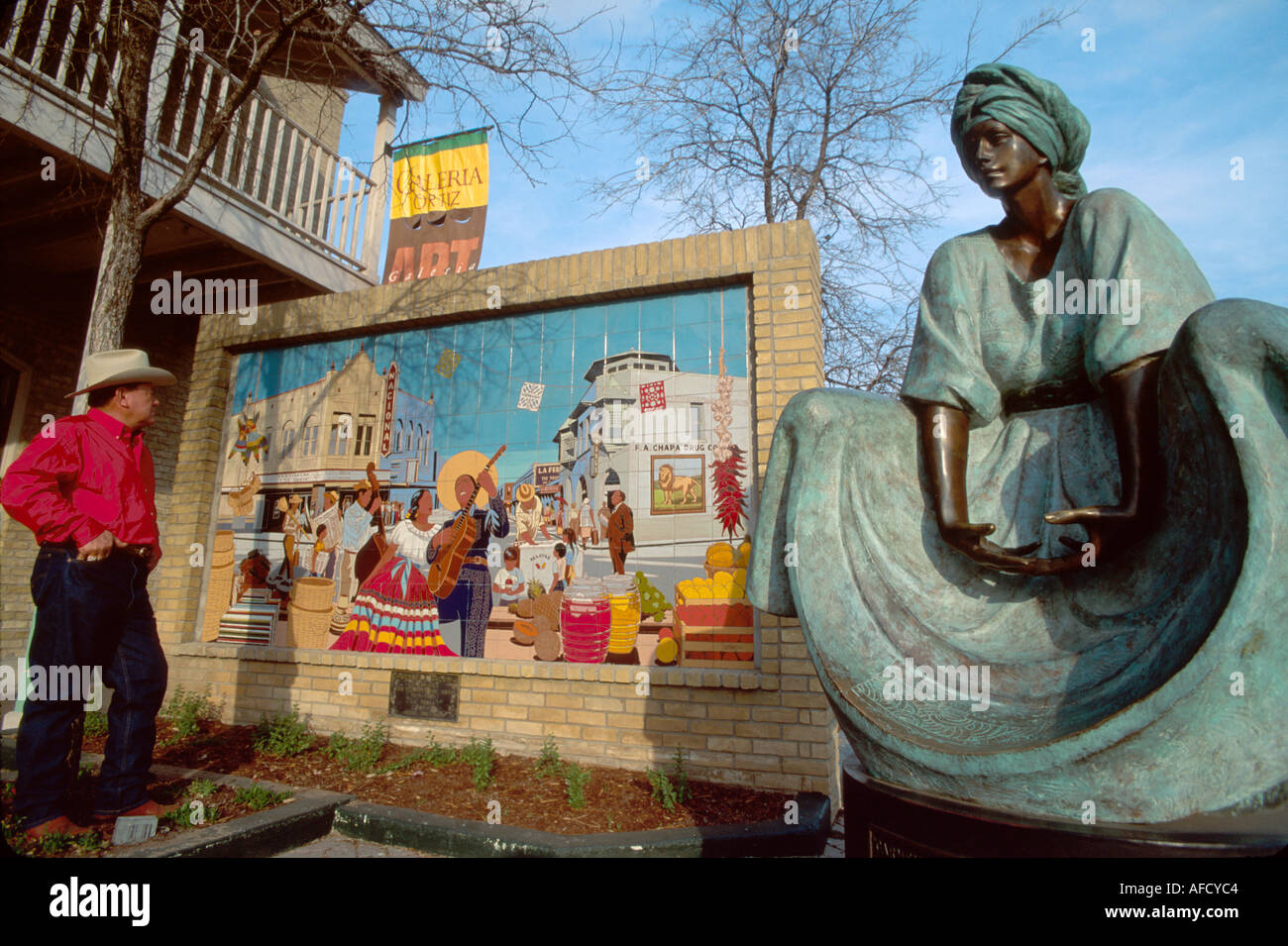 Texas, Lone Star State, der Südwesten, Bexar County, San Antonio, Marktplatz, Ansichten von Einwohnern Wandgemälde im mexikanischen Stil zeigt die Innenstadt der 1940er Jahre, TX003 Stockfoto