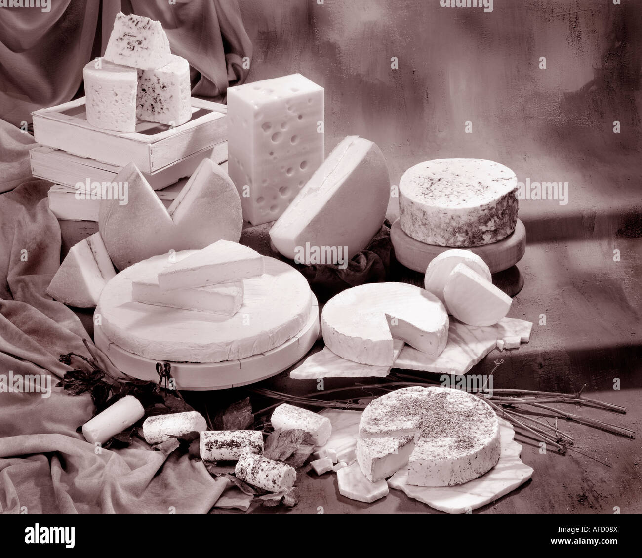 Französische Käse in Sepia von Gruppenfoto auf getönten gesprenkelte Hintergrund. Querformat, Studio Tischplatte. Klassisches Bild. Stockfoto