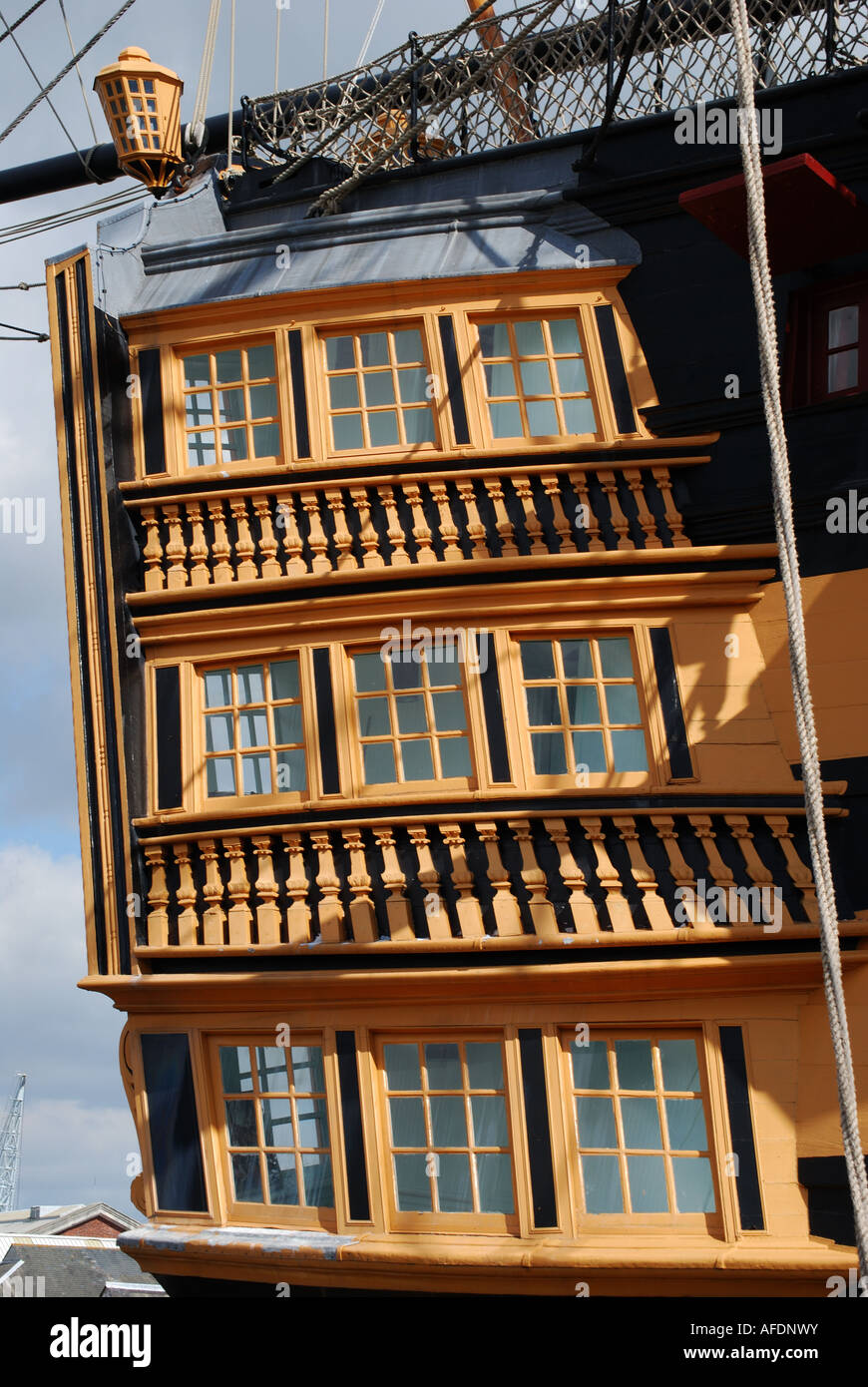 Erker, HMS Victory, Historic Dockyard, Portsmouth, Hampshire, England, Vereinigtes Königreich Stockfoto