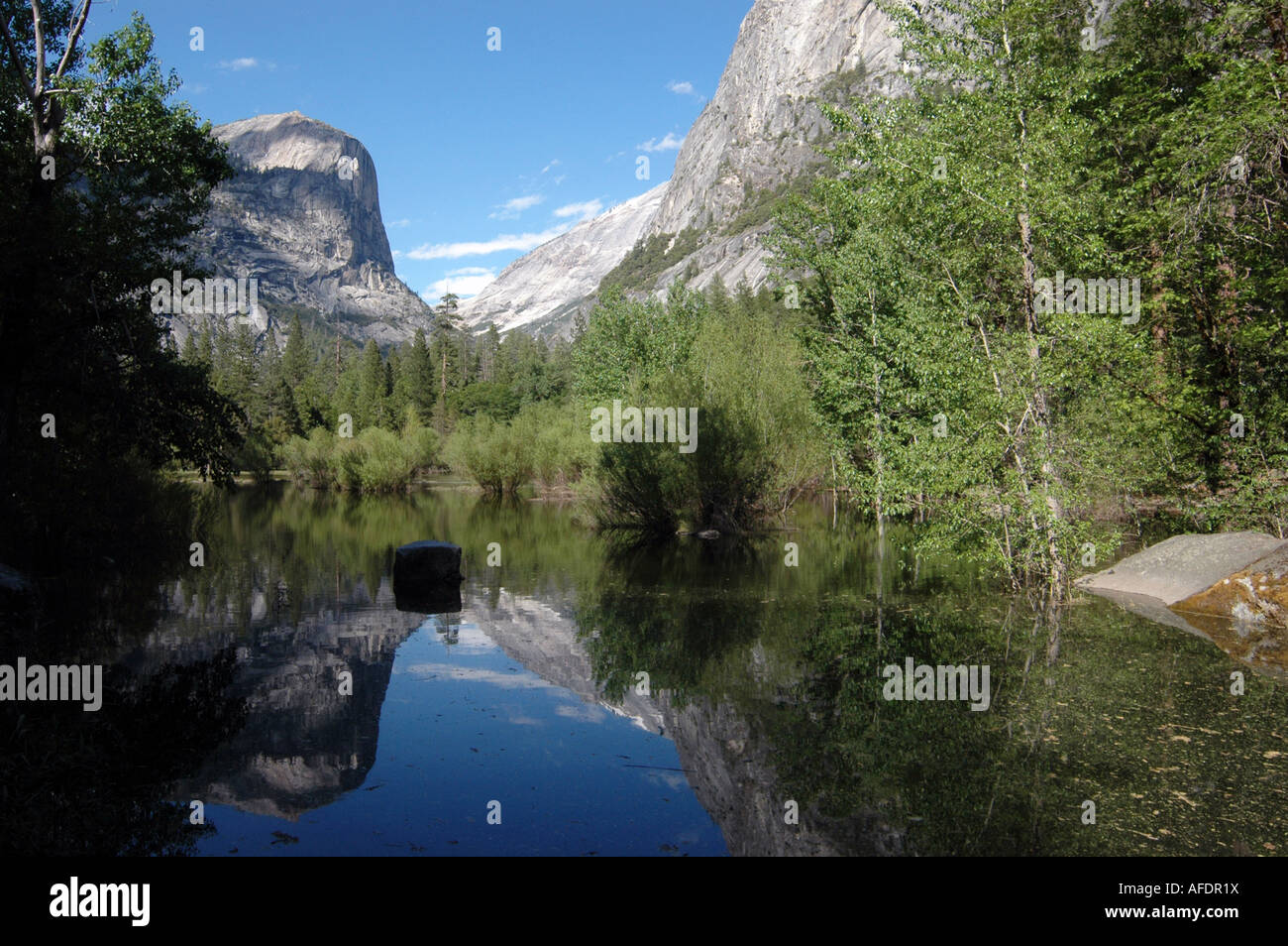 Mirror Lake spiegelt Half Dome in seinen ruhigen Gewässern, Yosemite Valley, Kalifornien, USA. Stockfoto