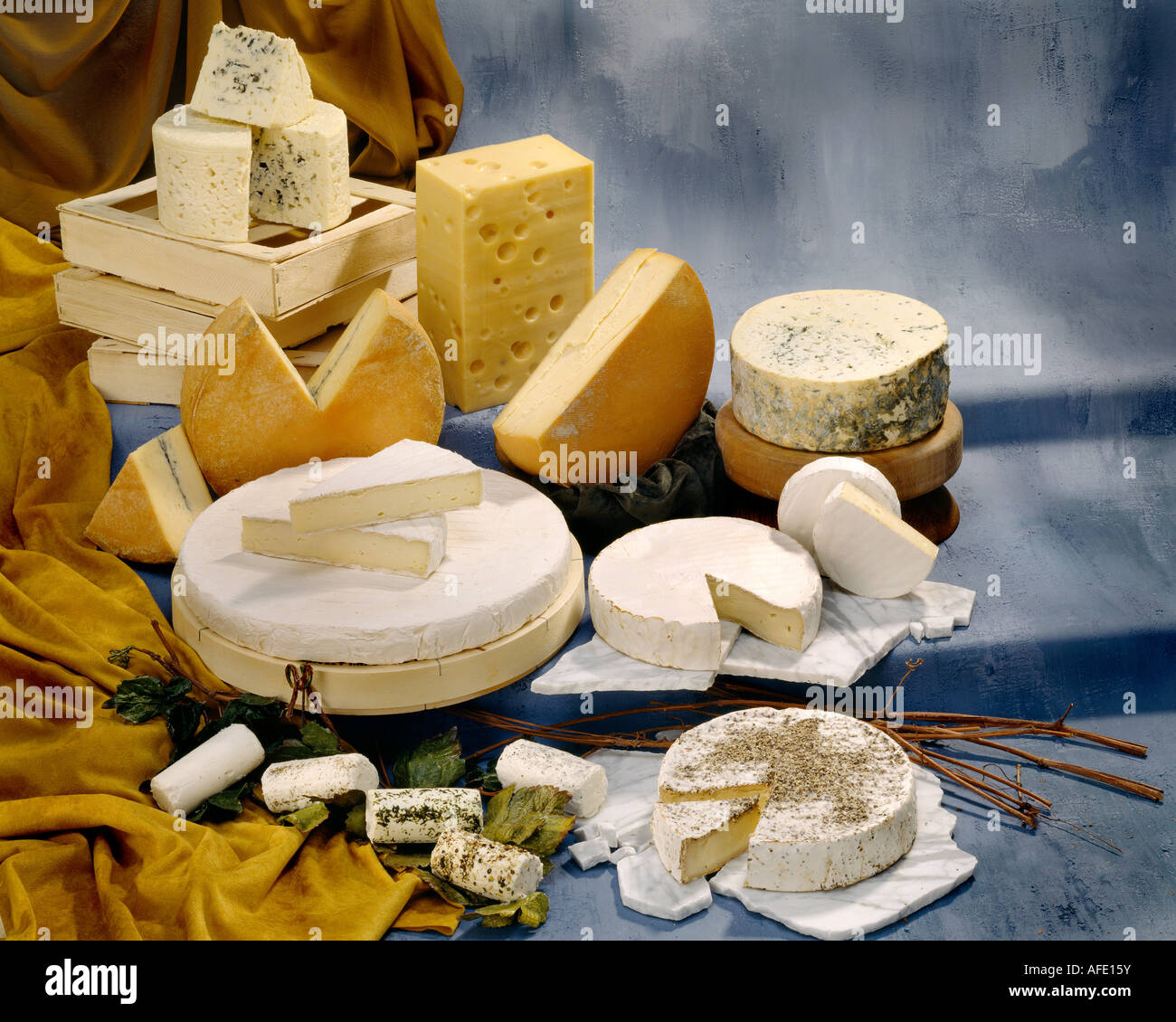 Französische Käse in Gruppe Farbfoto auf cool getönten gesprenkelte Hintergrund. Querformat, Studio Tischplatte. Klassisches Bild. Stockfoto