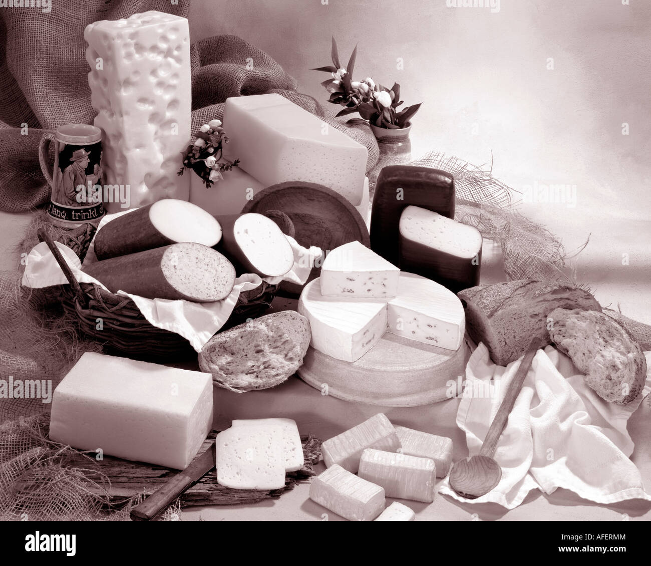 Deutschen Käse in Sepia von Gruppenfoto auf Warm getönten gesprenkelte Hintergrund. Querformat, Studio Tischplatte. Klassisches Bild. Stockfoto