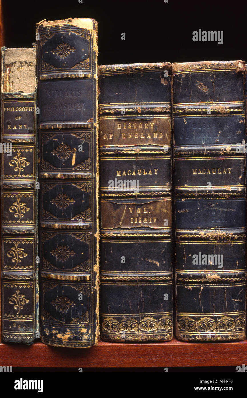 Lesen von altem Leder gebundene Bücher im Regal Stockfoto