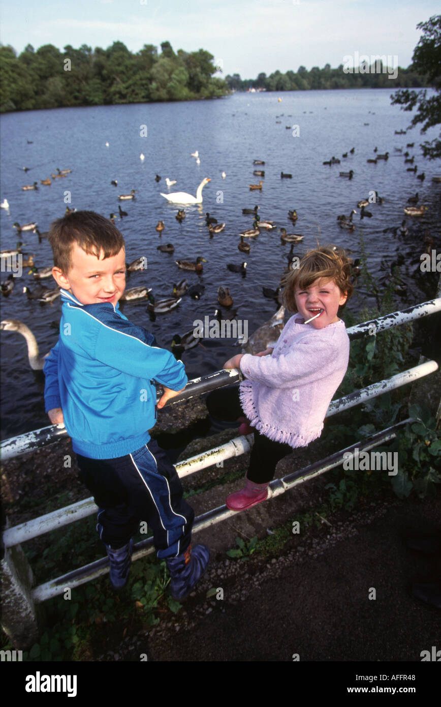 Cheshire Macclesfield Redesmere Kinder Fütterung der Wasservögel Stockfoto