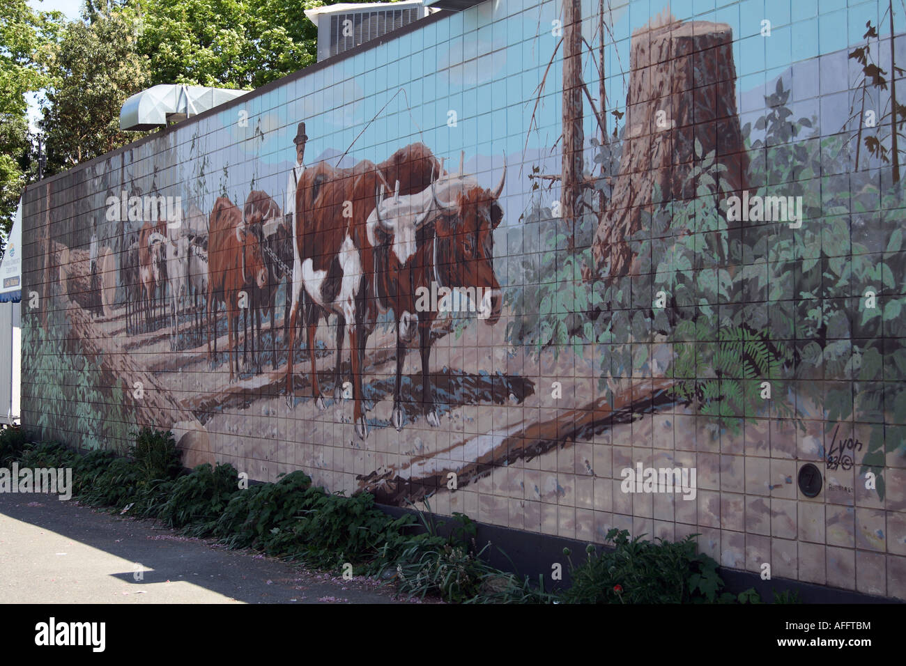Einer der vielen Wandmalereien bei Chemainus auf Vancouver Island, British Columbia, Kanada Stockfoto