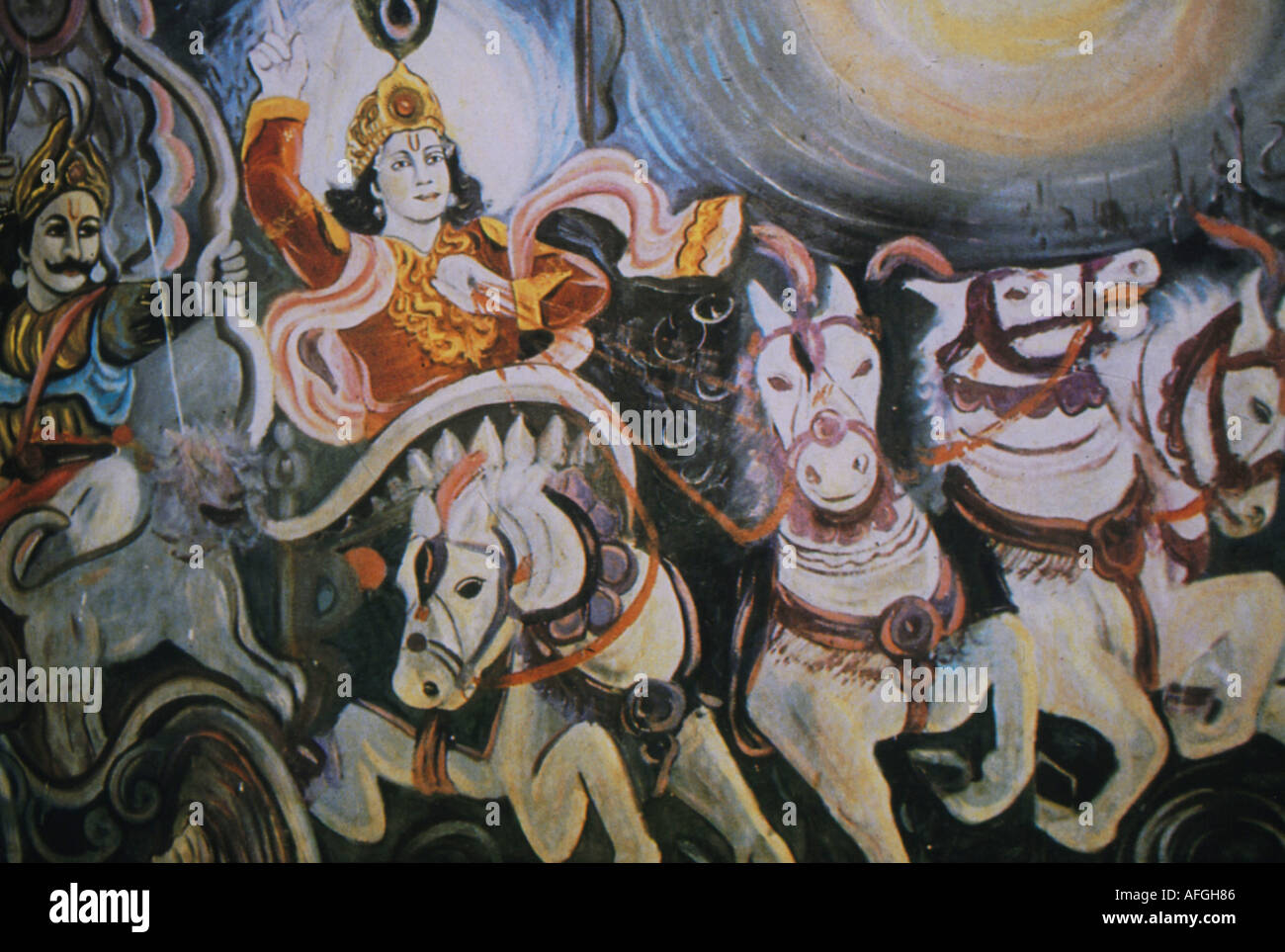 Krishna fährt einen Wagen mit vier Pferden, vier symbolisieren die vier veden. Der Wagen wurde Arjuna von Agni, dem Gott des Feuers, gegeben. Stockfoto Krishna fährt einen Wagen mit vier Pferden, vier symbolisieren die vier veden. Der Wagen wurde Arjuna von Agni, dem Gott des Feuers, gegeben. Stockfoto