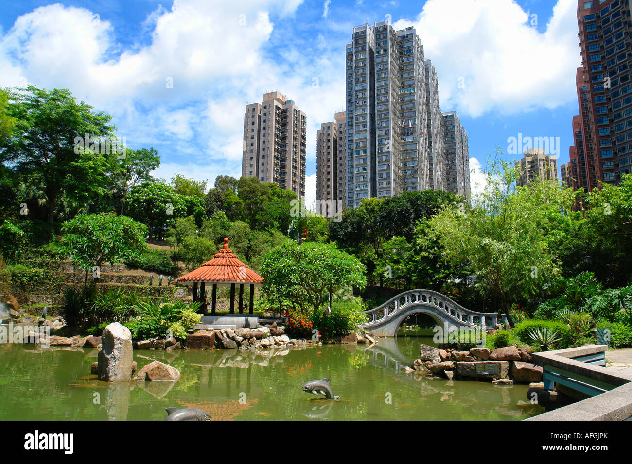 China Hong Kong Sha Tin Sozialwohnungen Immobilien oder Eigentum Wohnung mit Shatin New Park vor Stockfoto