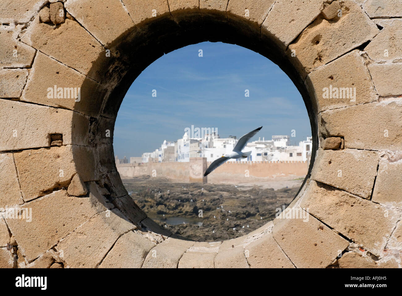 Blick durchs Bullauge Zinnen der Skala du Port Stadt von Essaouira Marokko Nordafrika Stockfoto