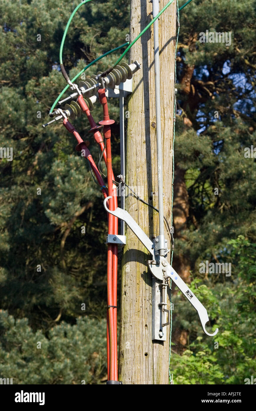 Strom-Stromleitungen mit Isolatoren und Isolator wechseln Hebelmechanismus Stockfoto