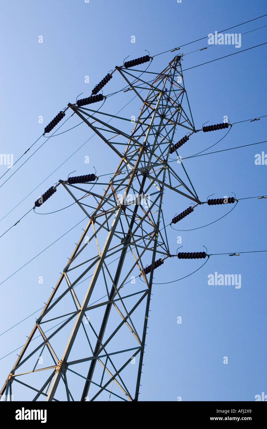 Masten und Stromleitungen Stockfoto