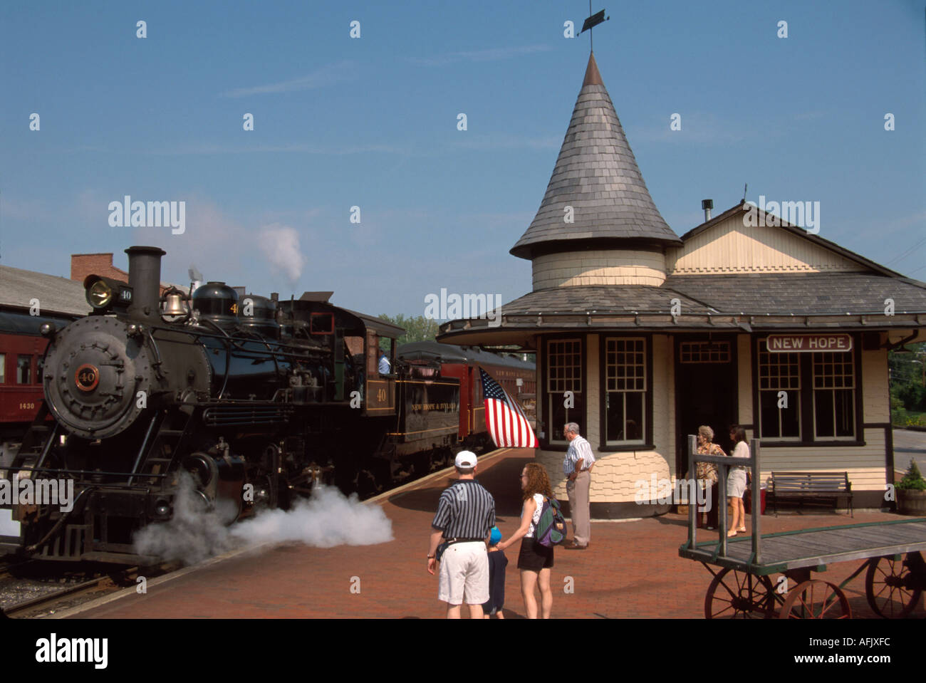 Pennsylvania, Bucks County New Hope und Ivyland Railroad, baute 1891 Station Dampflokomotive Exkursion Passagiere PA078, Besucher reisen Reise Tour Stockfoto